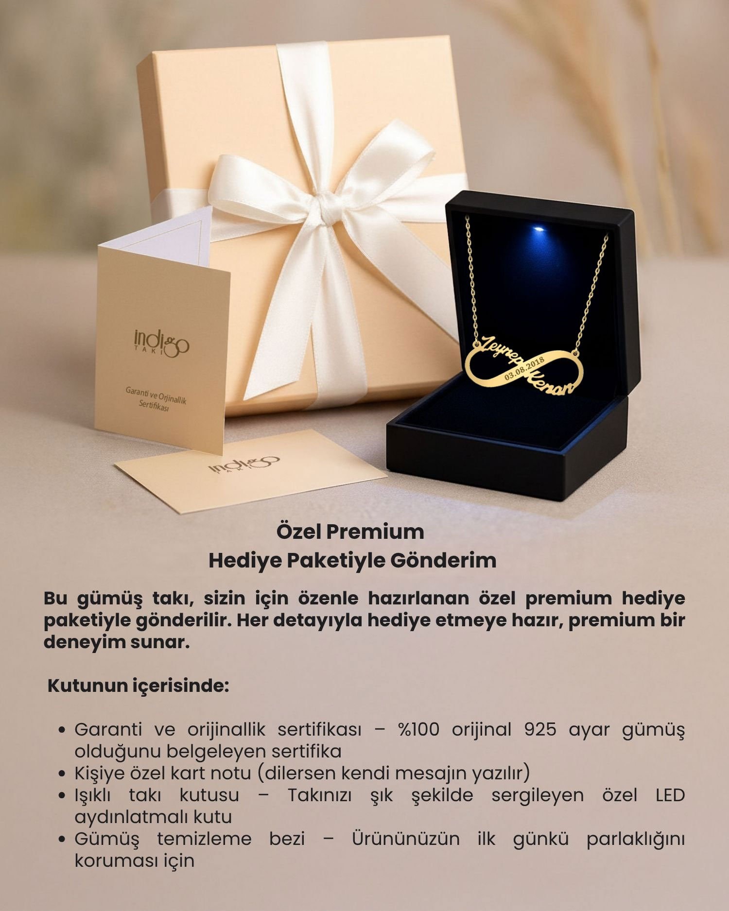 İki İsimli Tarihli Sonsuzluk Premium Hediye Kutulu Gümüş Kolye