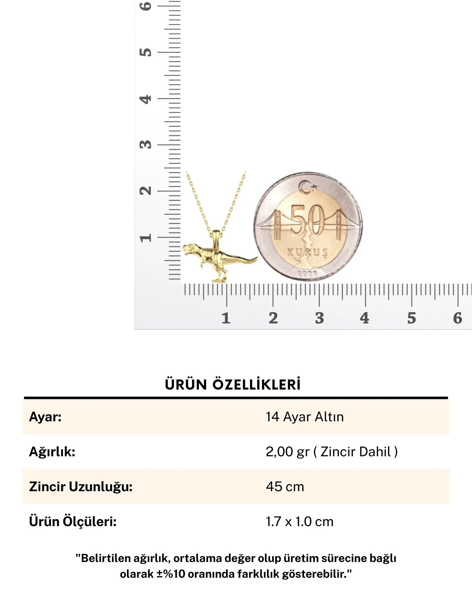 Üç Boyutlu Sade Minik Dinozor 14 Ayar Altın Kolye