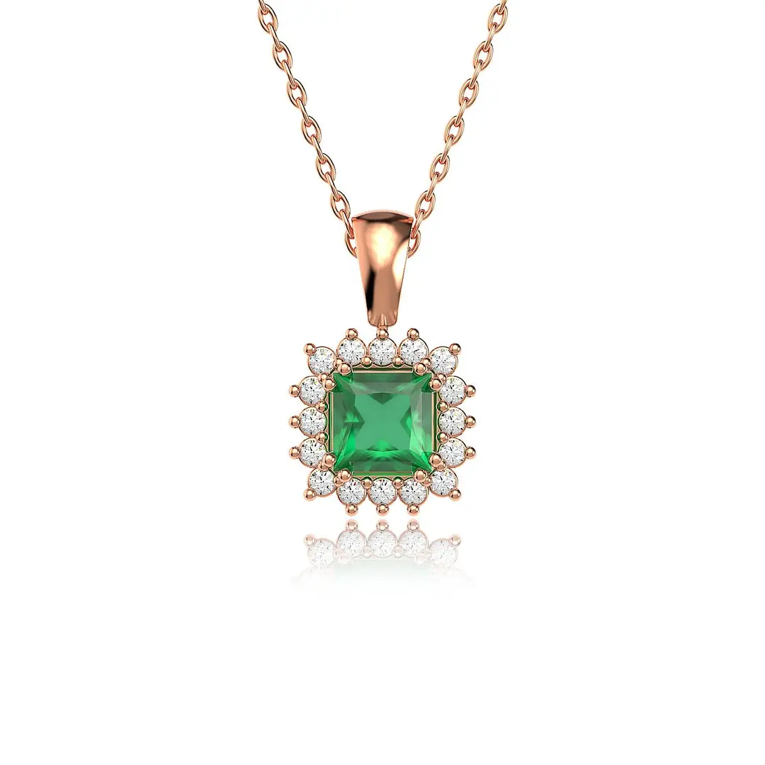 Square Green Stone-set Anturaj Rose Silver Necklace