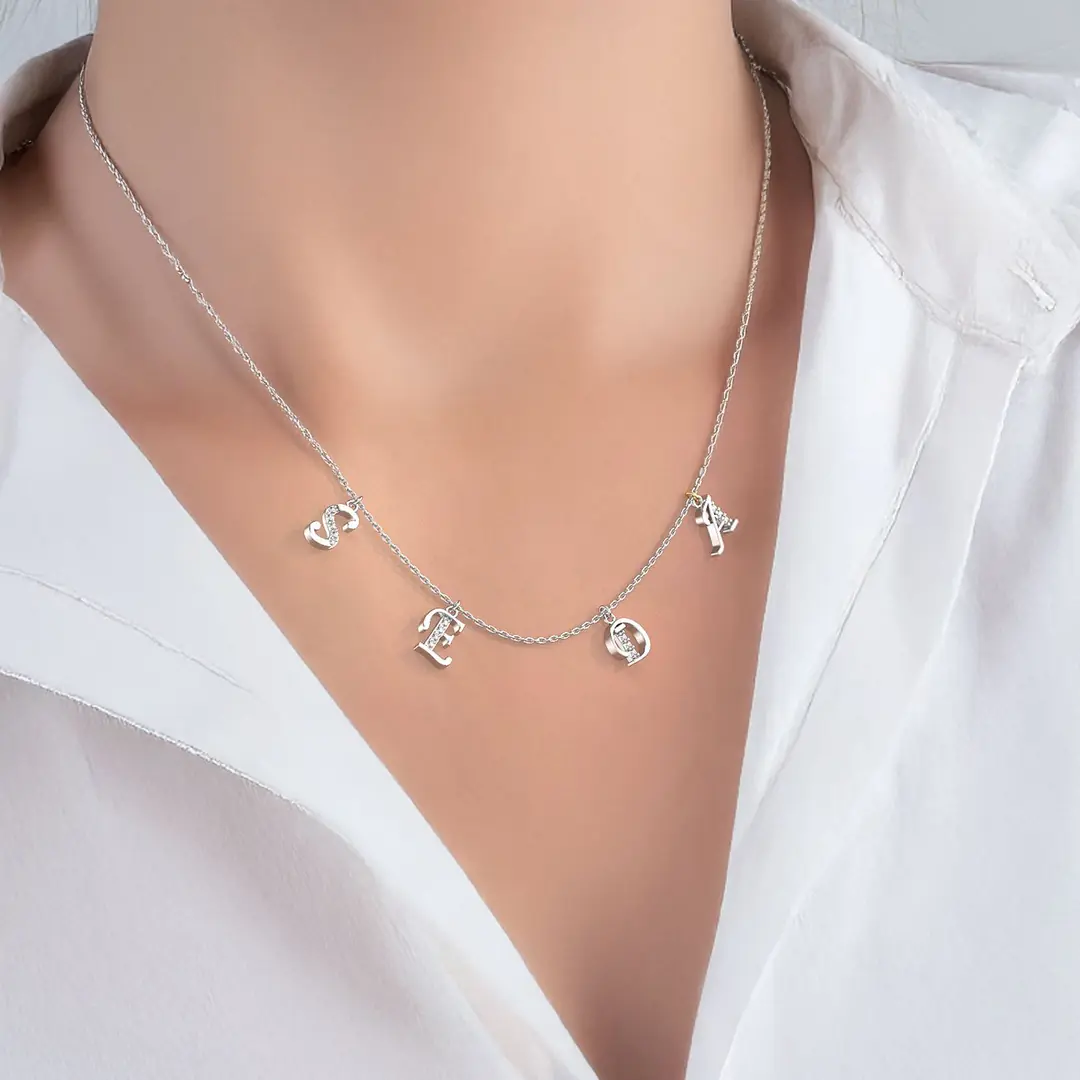 Personalized Four Initial Name White Silver Necklace