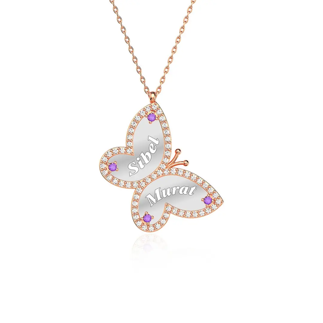 Personalized 2 Personalized Amethyst Butterfly Rose Silver Necklace