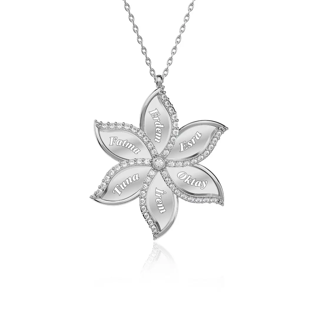 Personalized 6 Personalized Yasemin Flower White Silver Necklace