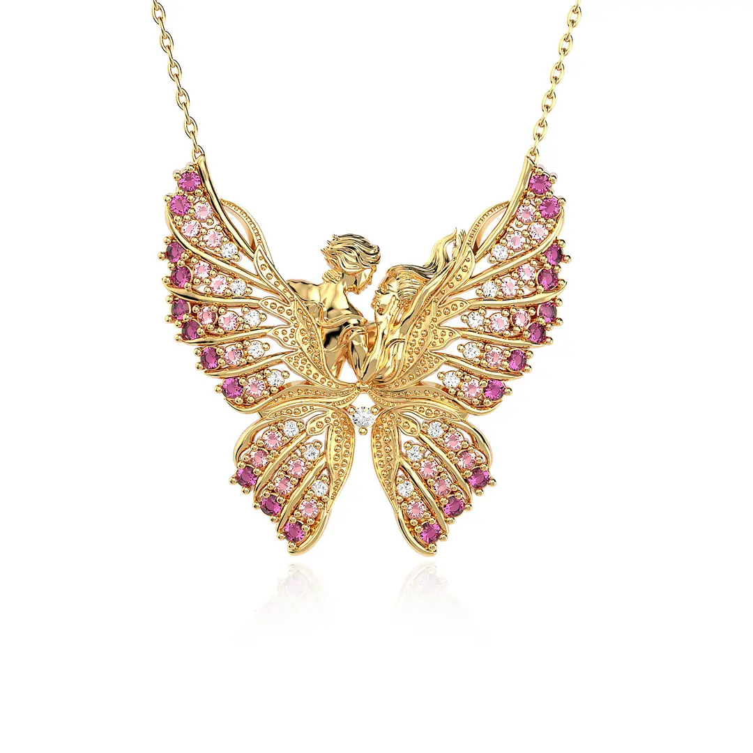 Kelebeğin Rüyası Fuşya Geçişli Gold Plated Silver Necklace