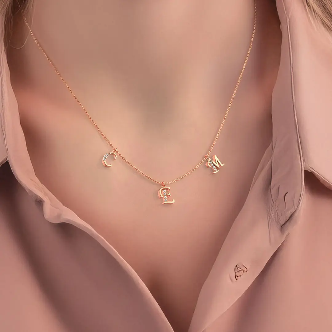Personalized Three Initial Name Rose Silver Necklace
