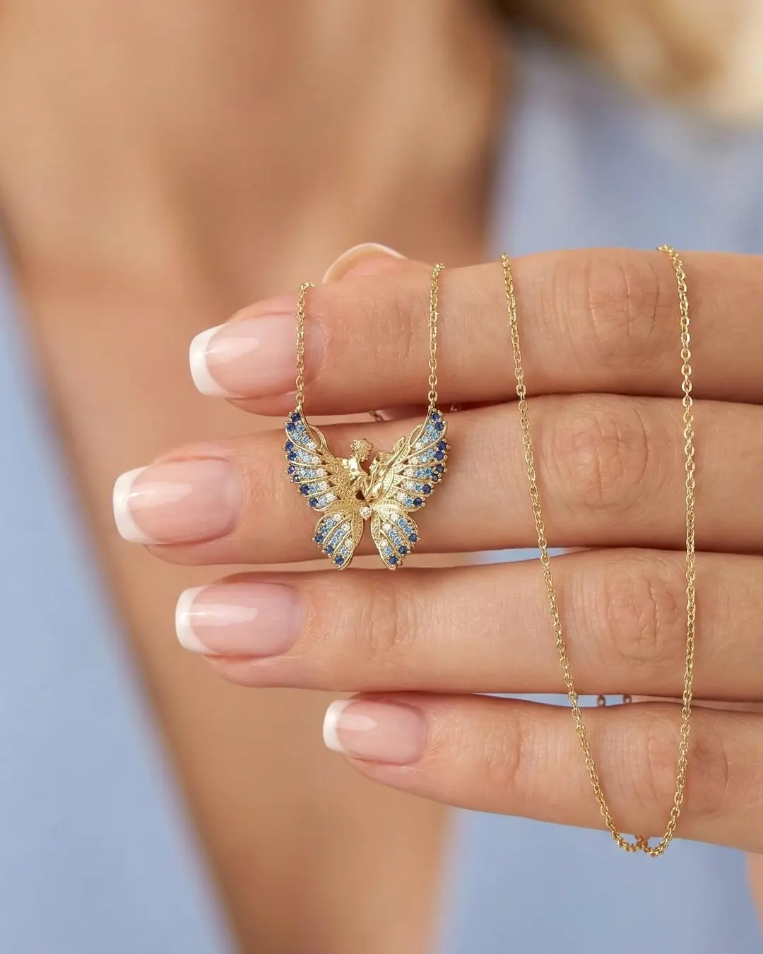 Kelebeğin Rüyası Aqua Geçişli 14 K Gold Necklace