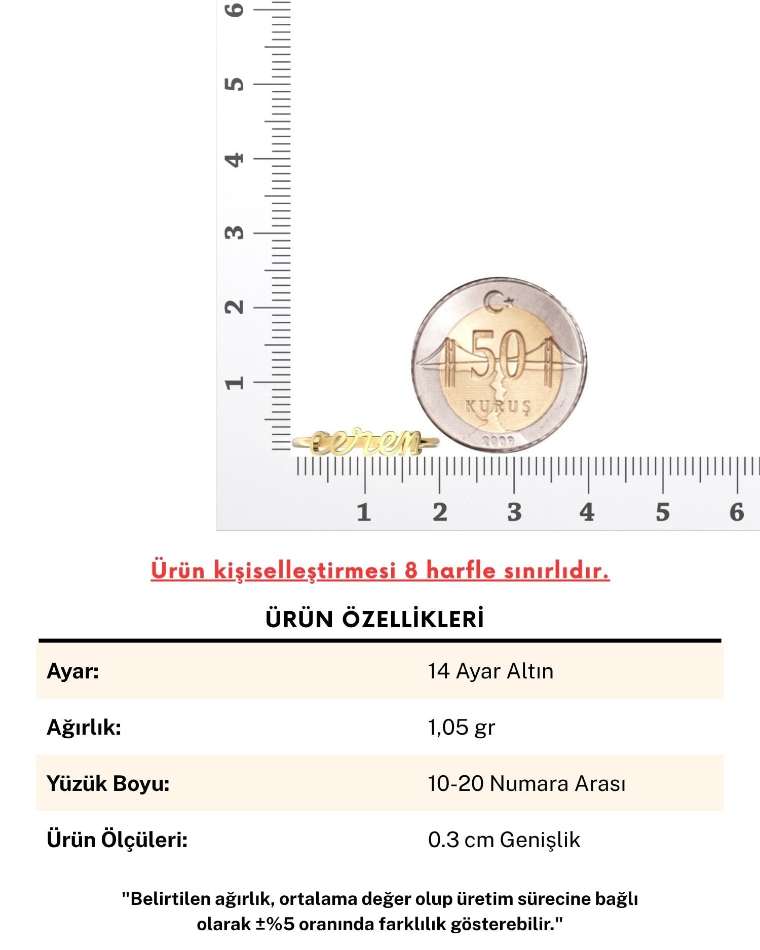 Kişiye Özel Minimalist İsimli 14 Ayar Altın Yüzük