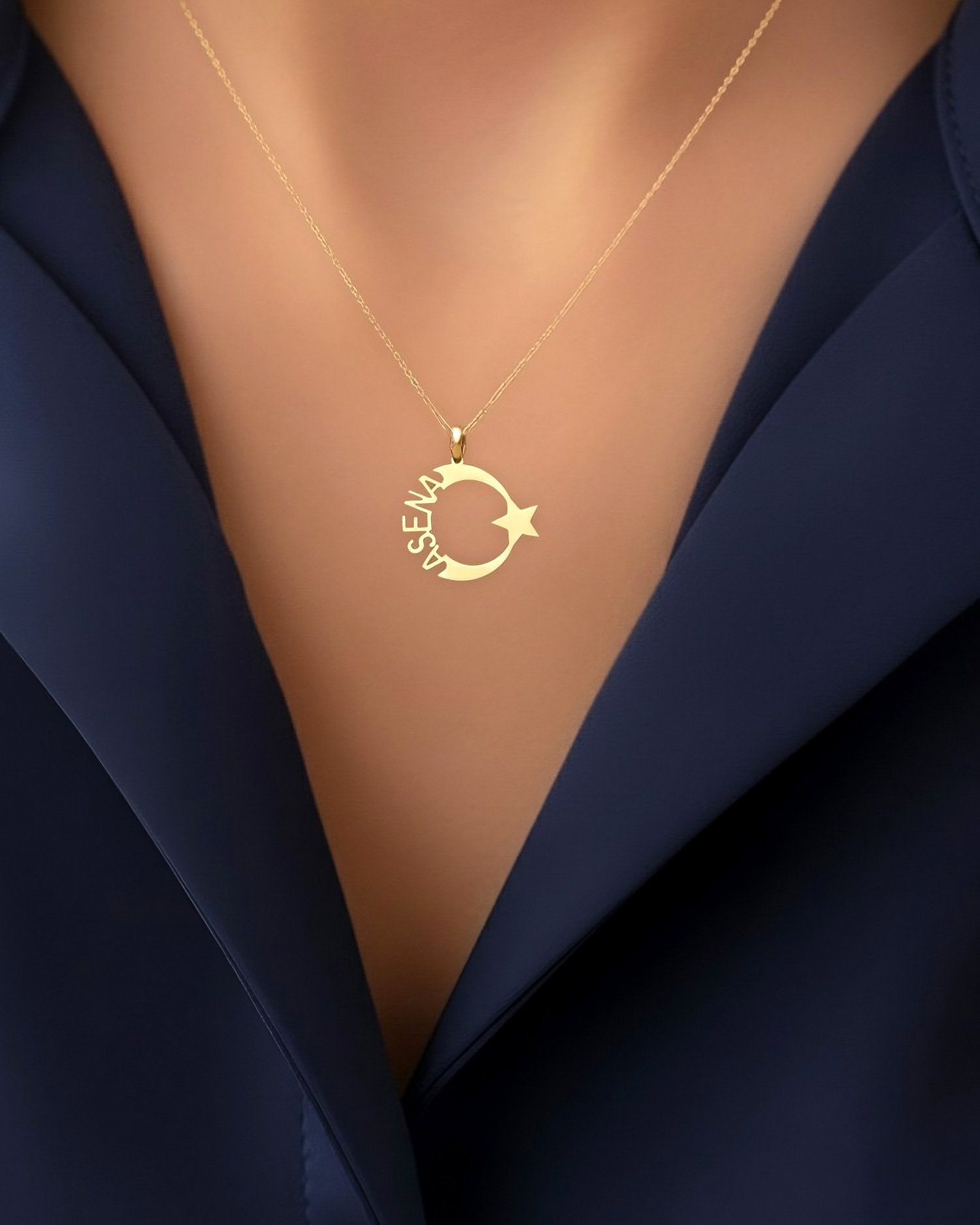 İsimli Ay Yıldız 14 Ayar Altın Kolye