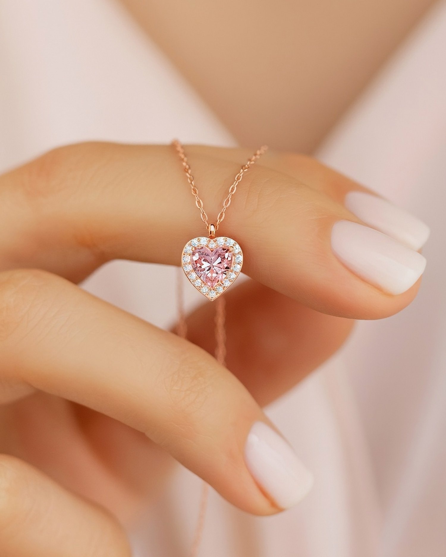 Pembe Kalp Taşlı Pırlanta Görünümlü Rose Gümüş Kolye