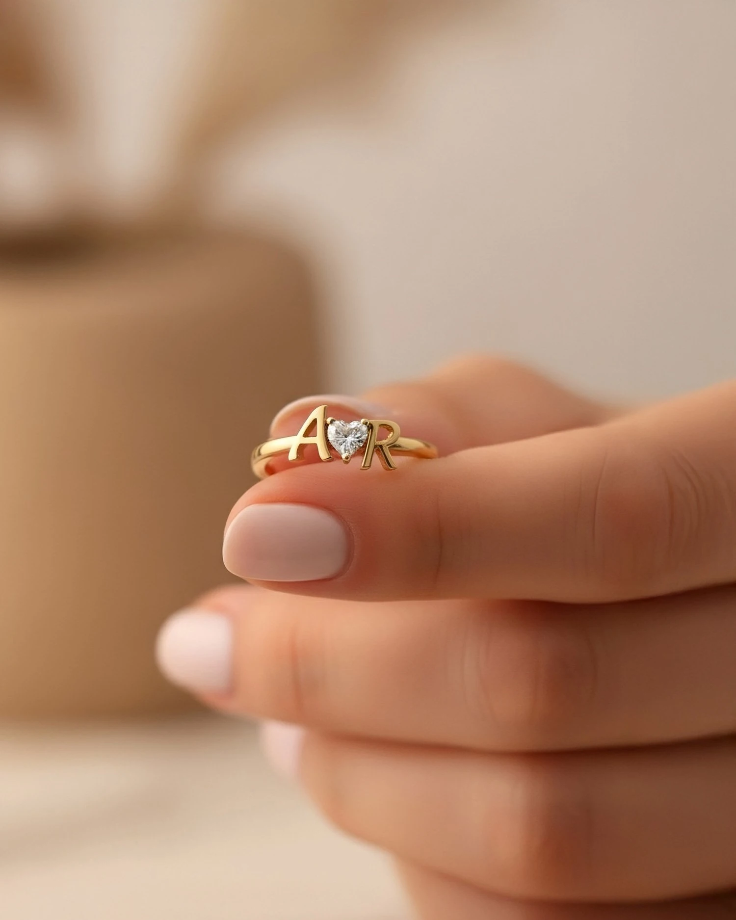 Harfli Kalp Tek Taş 14 Ayar Altın Yüzük