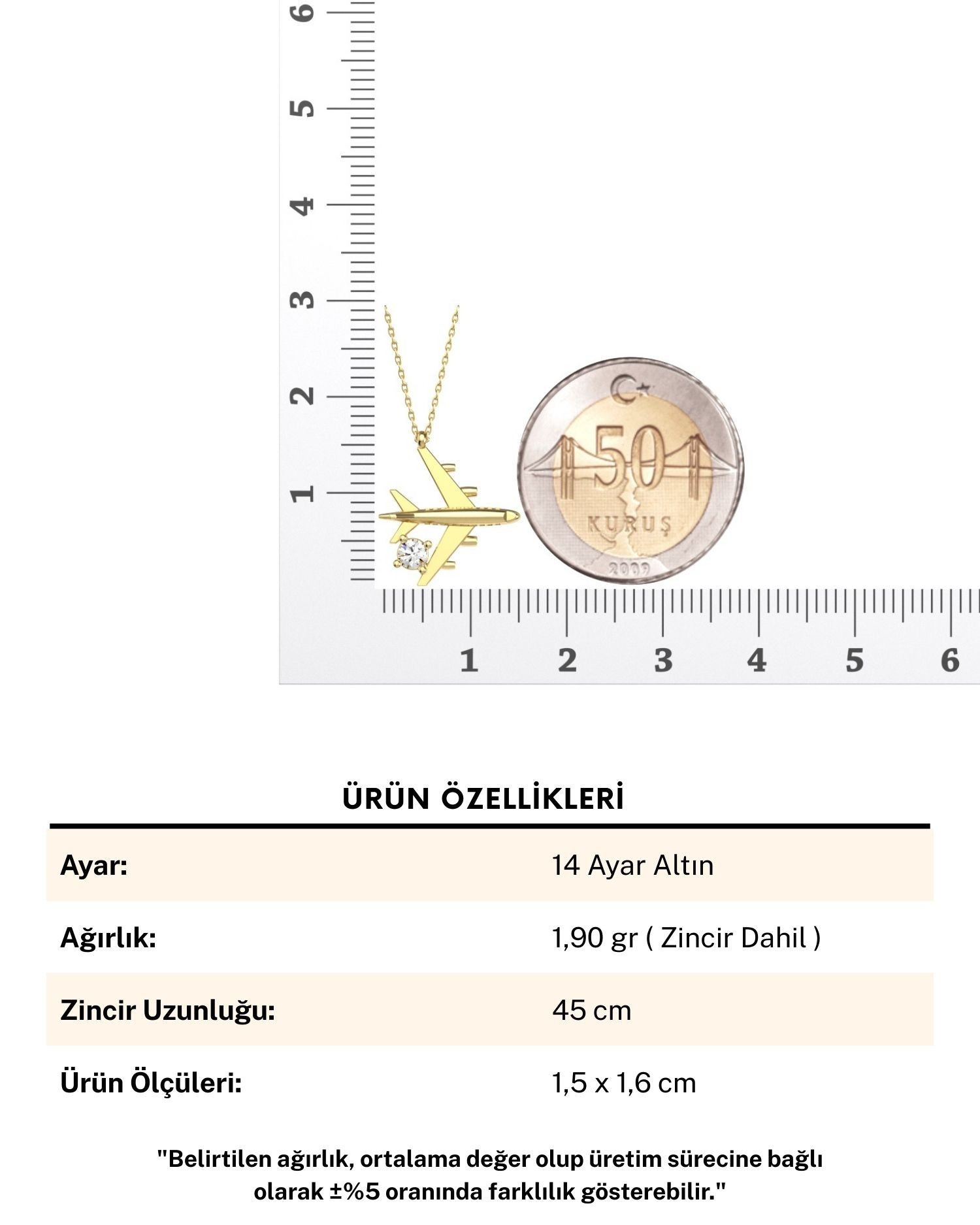 Tek Taşlı Uçak 14 Ayar Altın Kolye