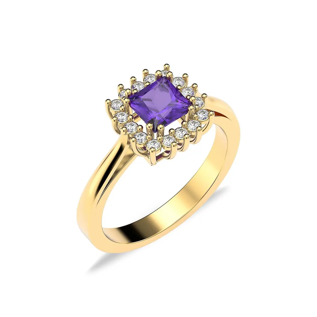 Square Amethyst Stone-set Anturaj Diamond Mount Gold Plated Silver Ring