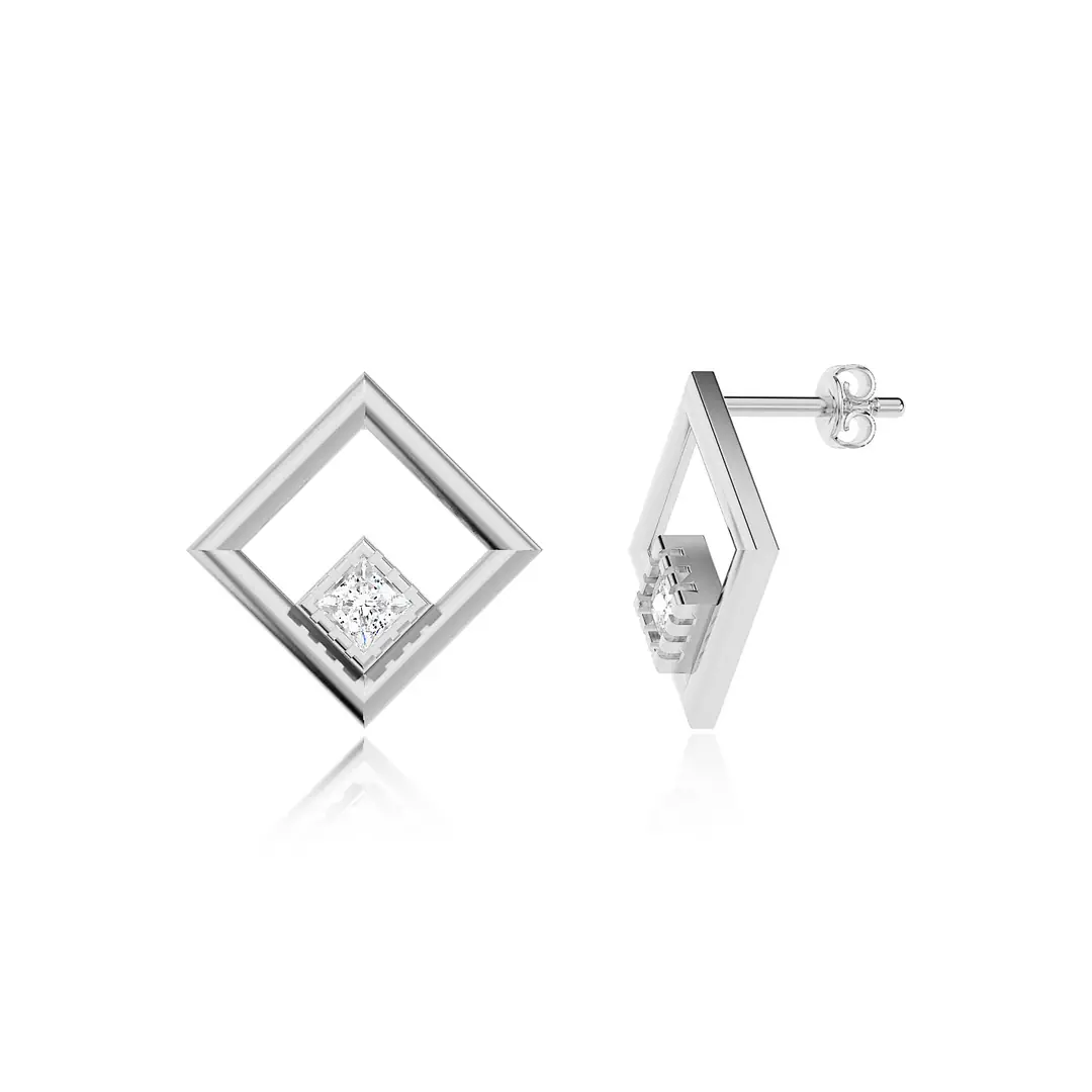 Square Frame Single Stone White Silver Earrings