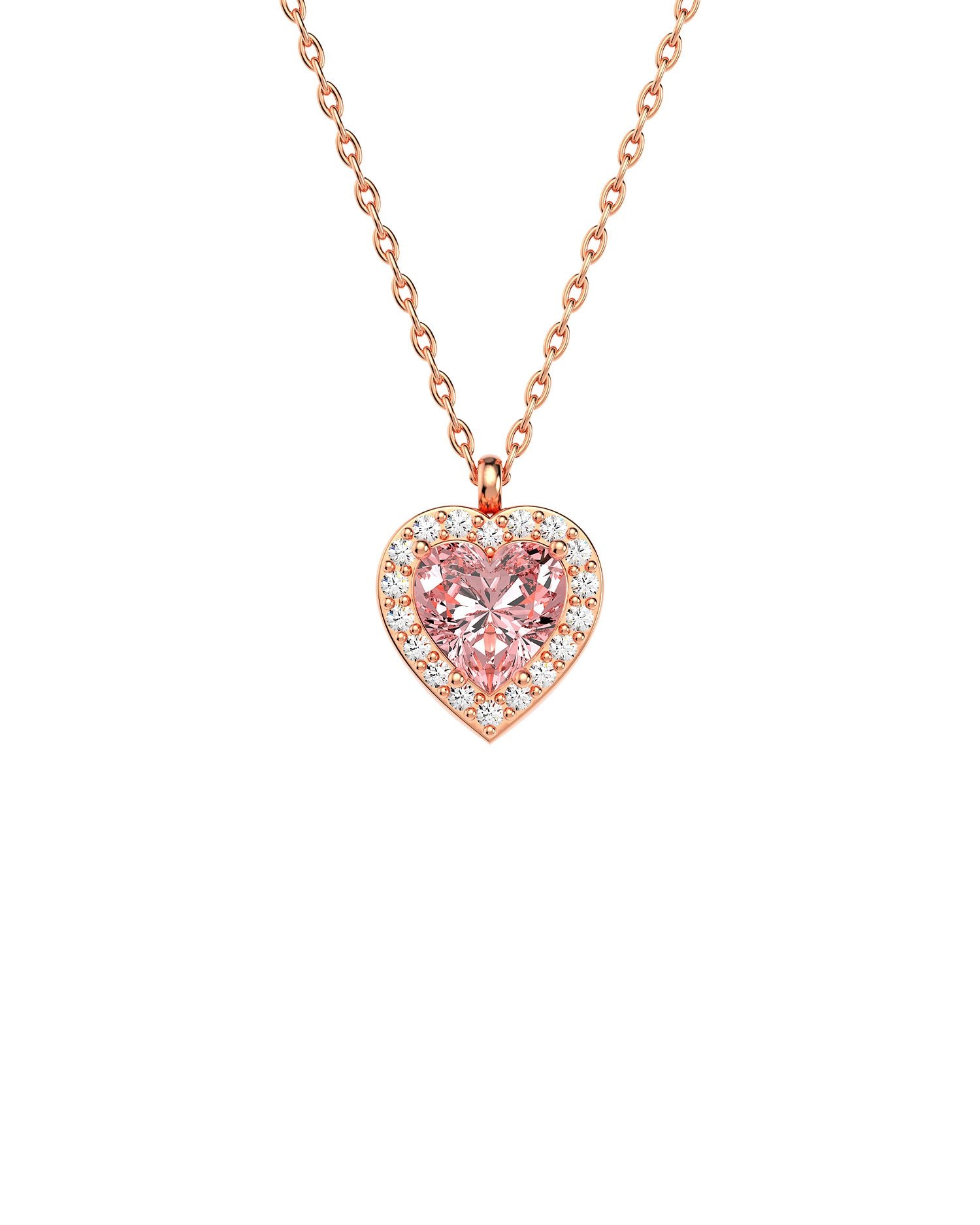 Pembe Kalp Taşlı Pırlanta Görünümlü Rose Gümüş Kolye