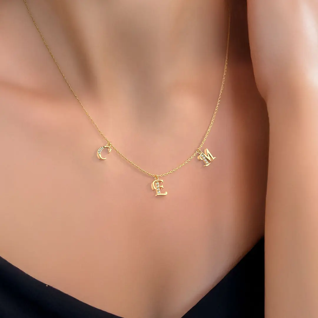 Personalized Three Initial Name Gold Plated Silver Necklace