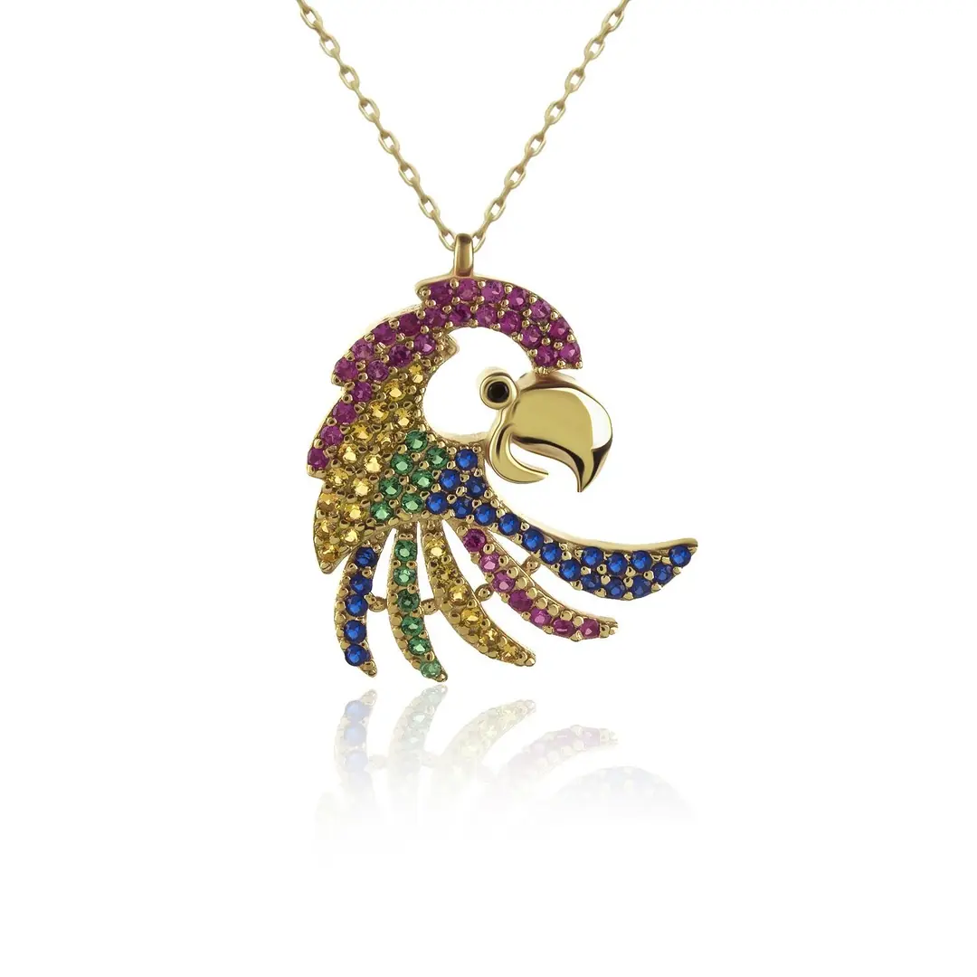 Mixed Colored Papağan Gold Plated Silver Necklace