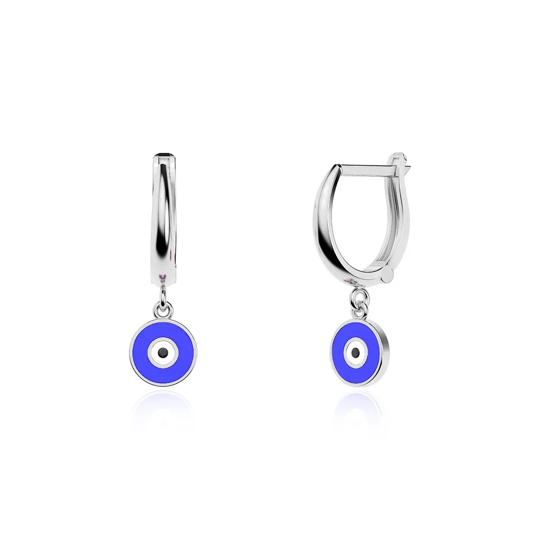 Enamel Evil Eye White Silver Earrings