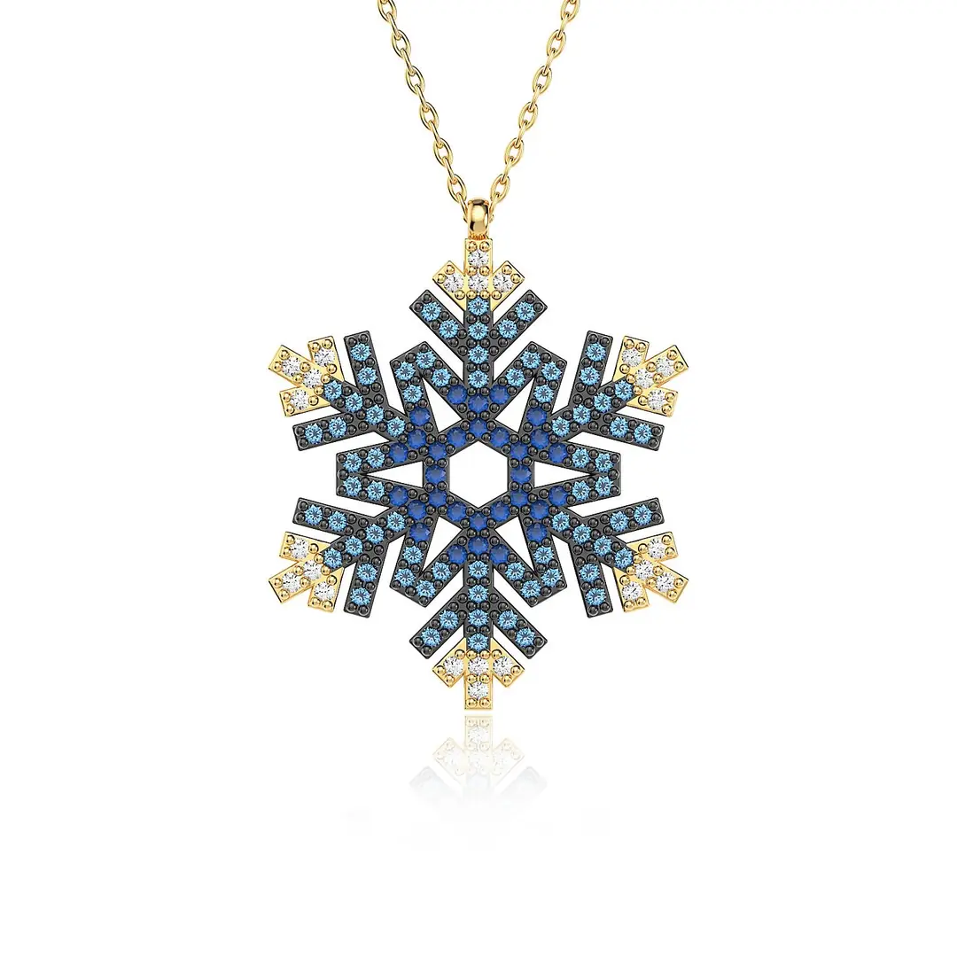 Blue Geçişli Large Snow Flake Gold Plated Silver Necklace
