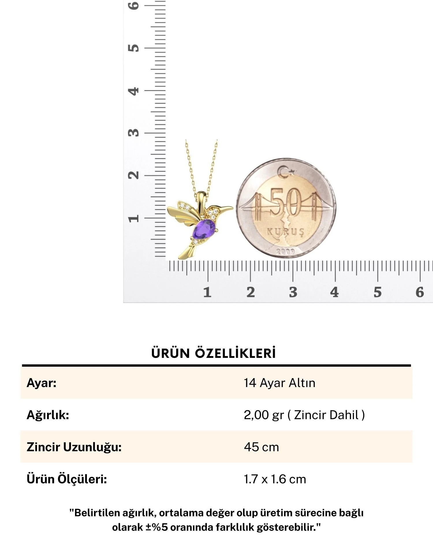 Ametist Damla Taşlı Arı Kuşu 14 Ayar Altın Kolye