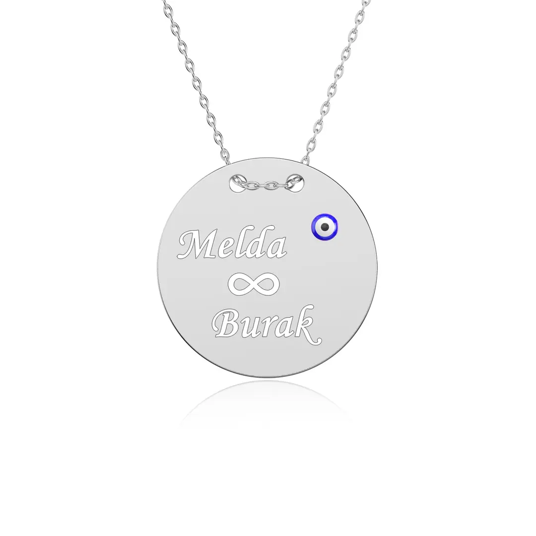 Personalized Plaque Evil Eye White Silver Necklace