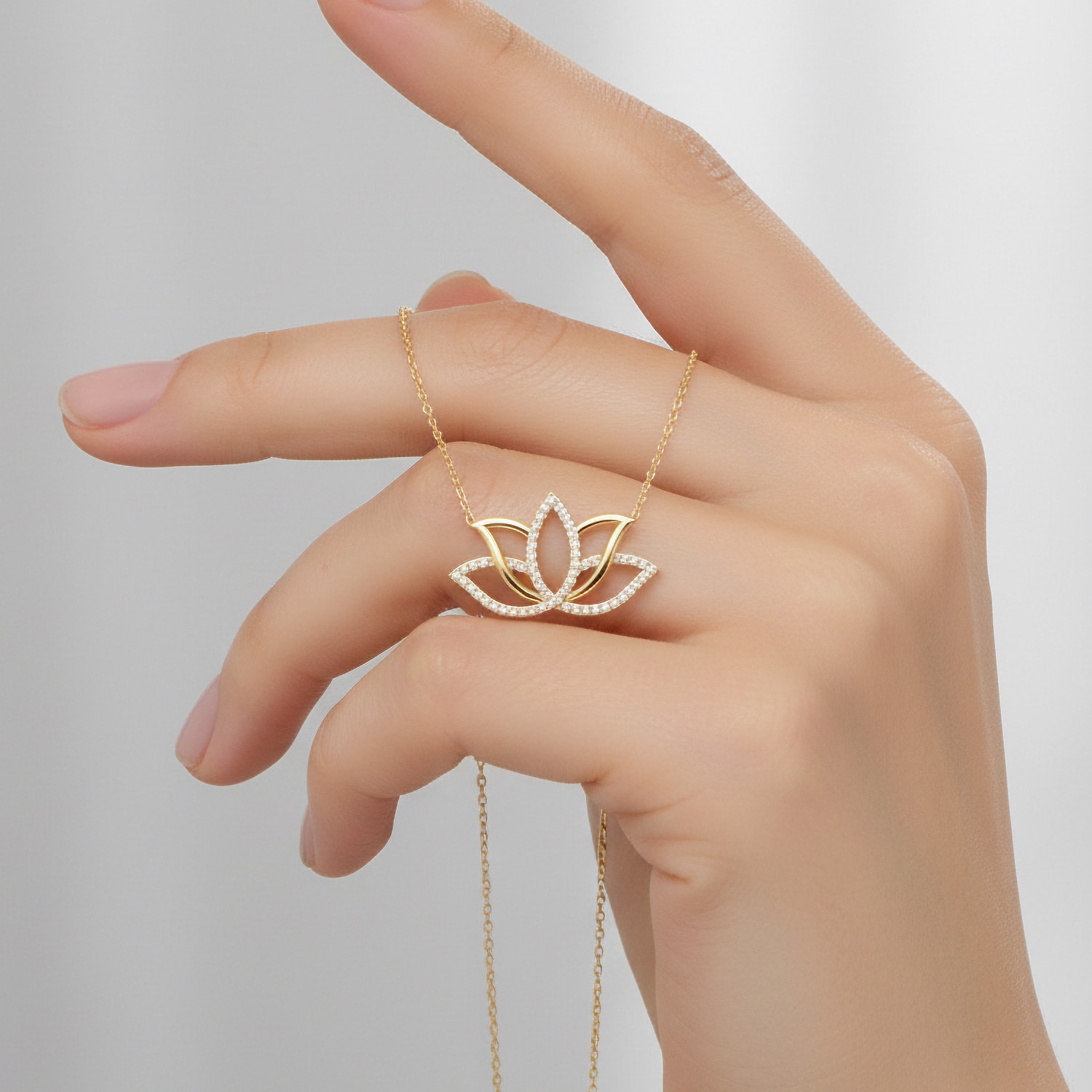 Stone Lotus Flower Gold Plated Silver Necklace