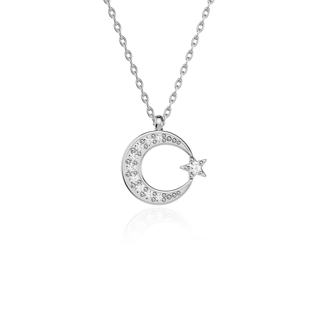 Small Star and Crescent Silver Necklace