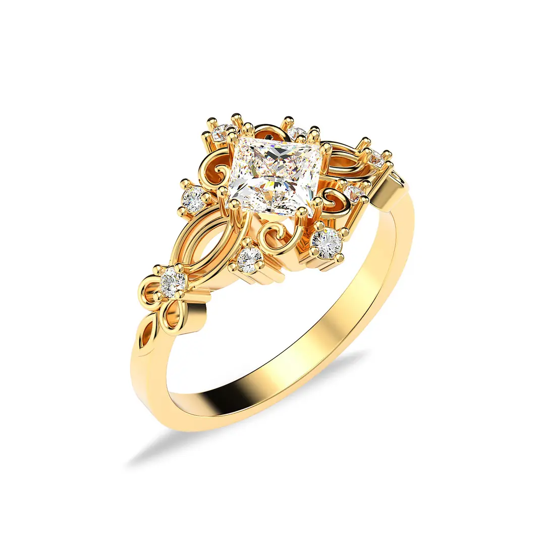 Square Single Stone Dantel Diamond Mount Gold Plated Silver Ring