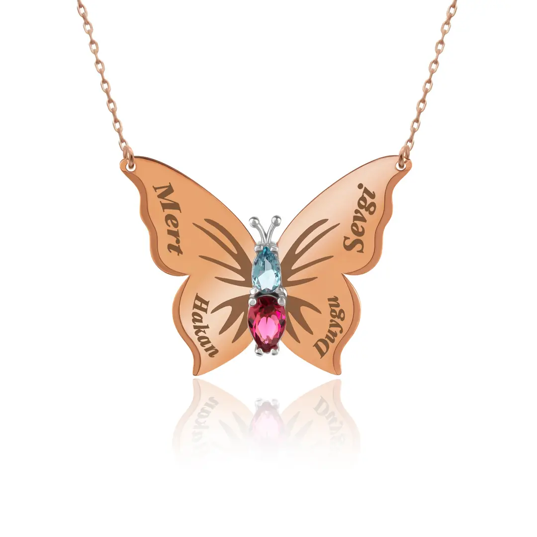 Personalized 4 Personalized Drop Stone-set Butterfly Silver Necklace