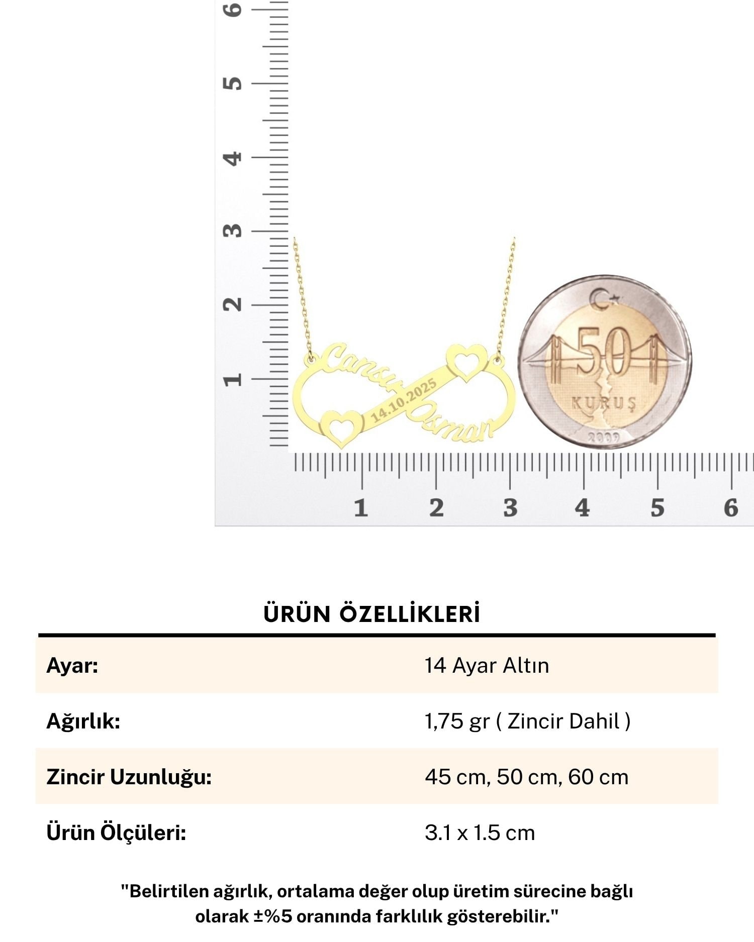 Kalpli İki İsimli Tarihli Sonsuzluk 14 Ayar Altın Kolye