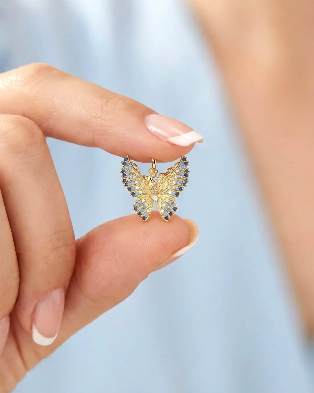 Kelebeğin Rüyası Aqua Geçişli 14 K Gold Necklace Pendant