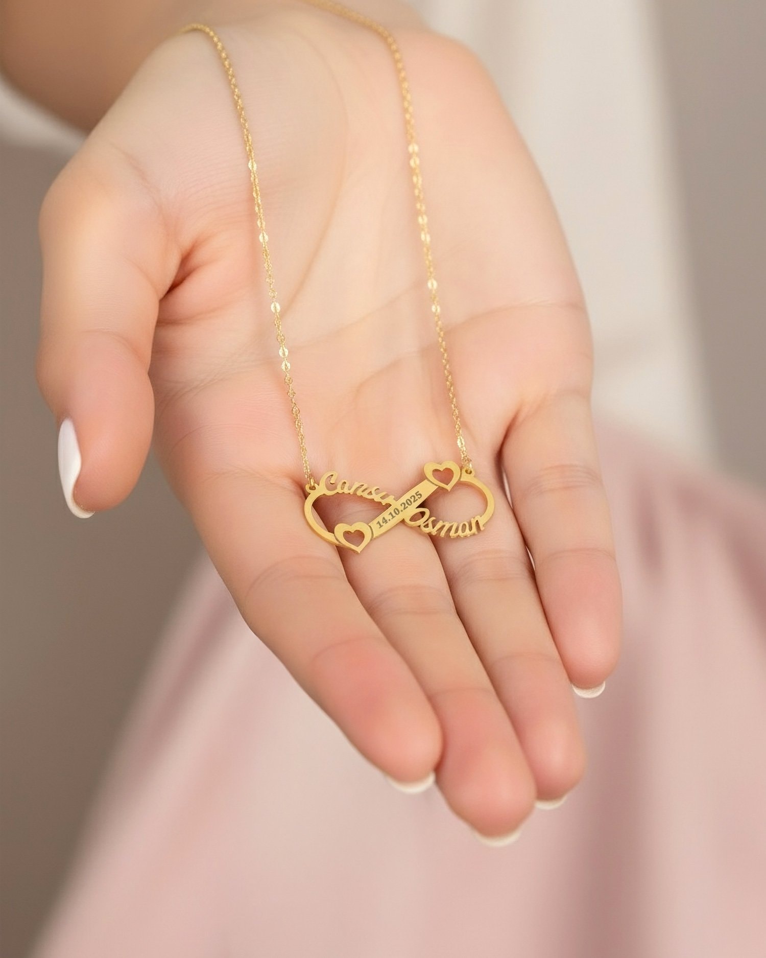 Kalpli İki İsimli Tarihli Sonsuzluk 14 Ayar Altın Kolye