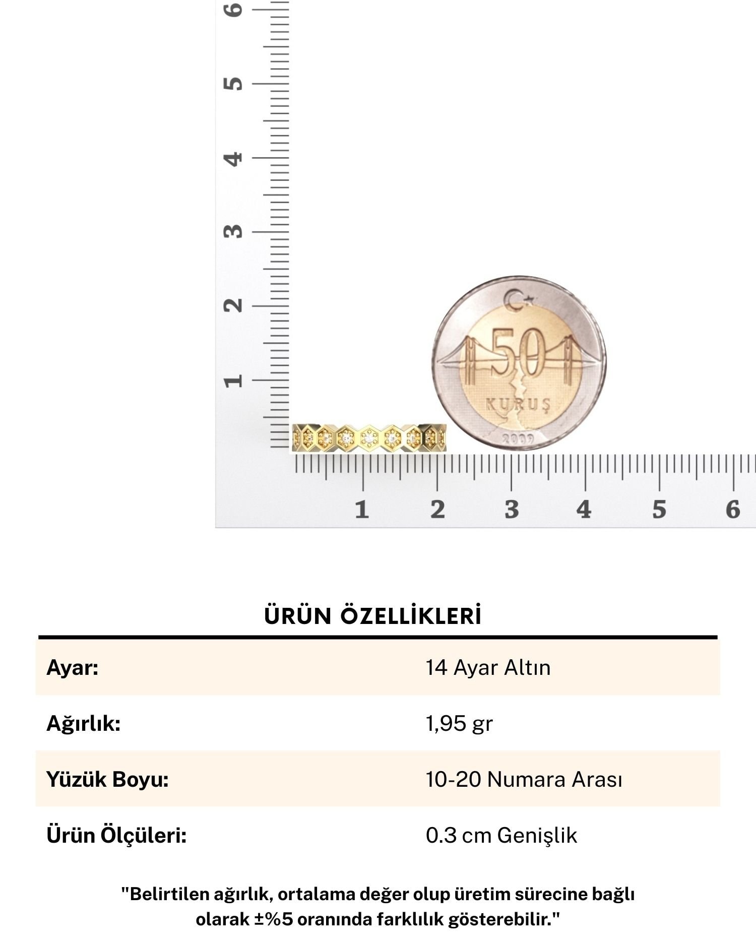 Sıra Taşlı Petek Motifli 14 Ayar Altın Yüzük