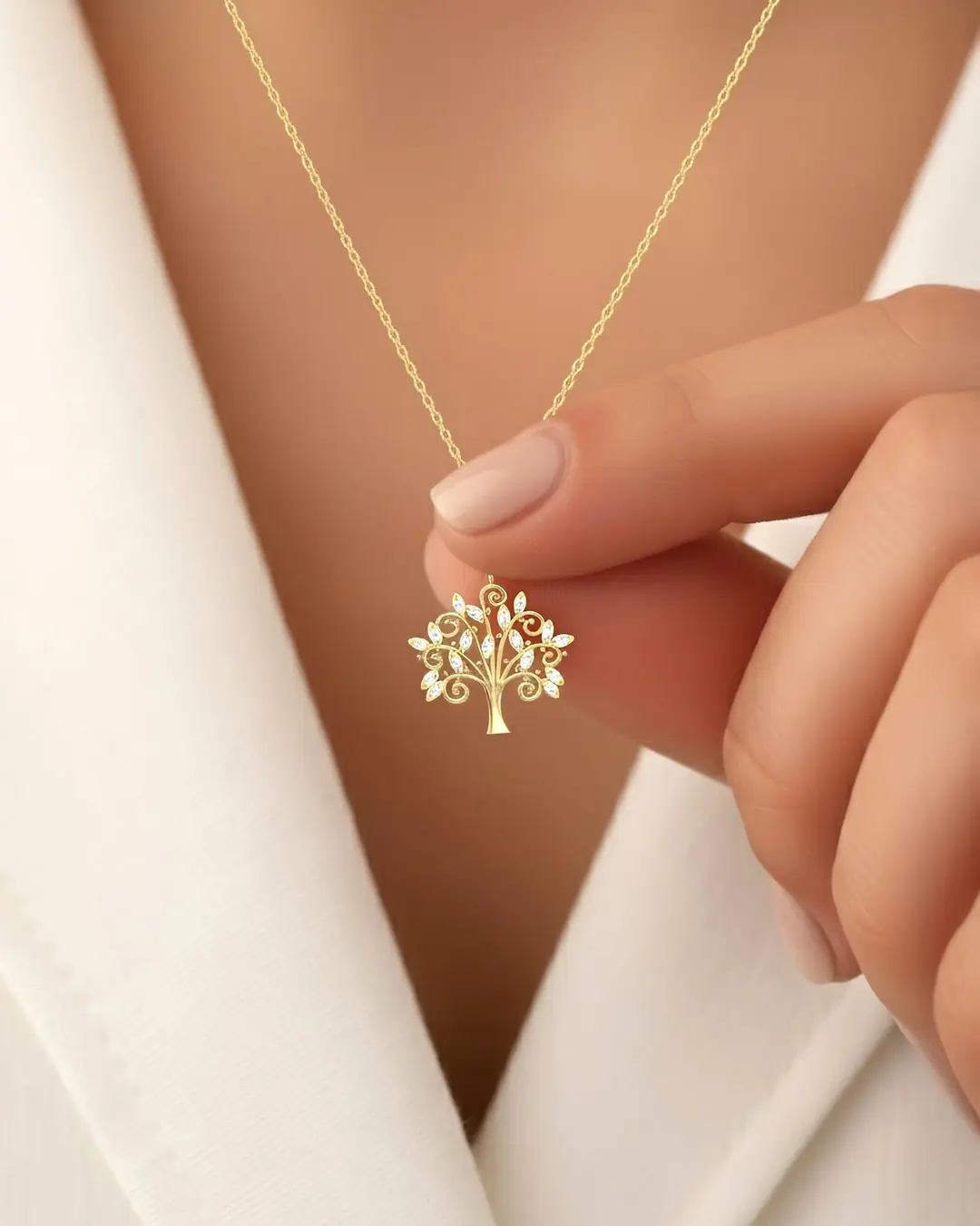 Small Stone-set Hayat Tree 14 K Gold Necklace