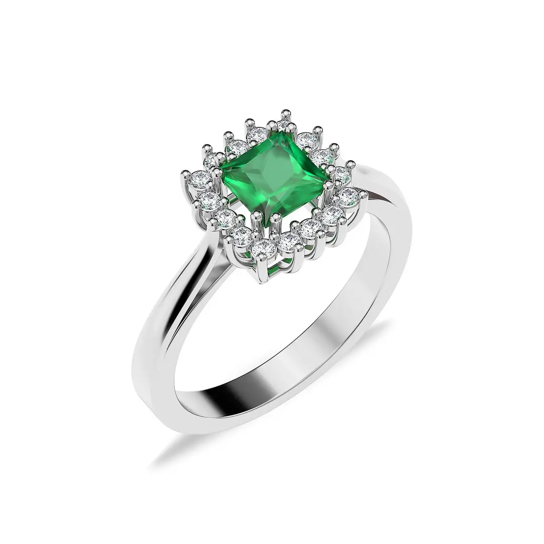 Square Green Stone-set Anturaj Diamond Mount White Silver Ring