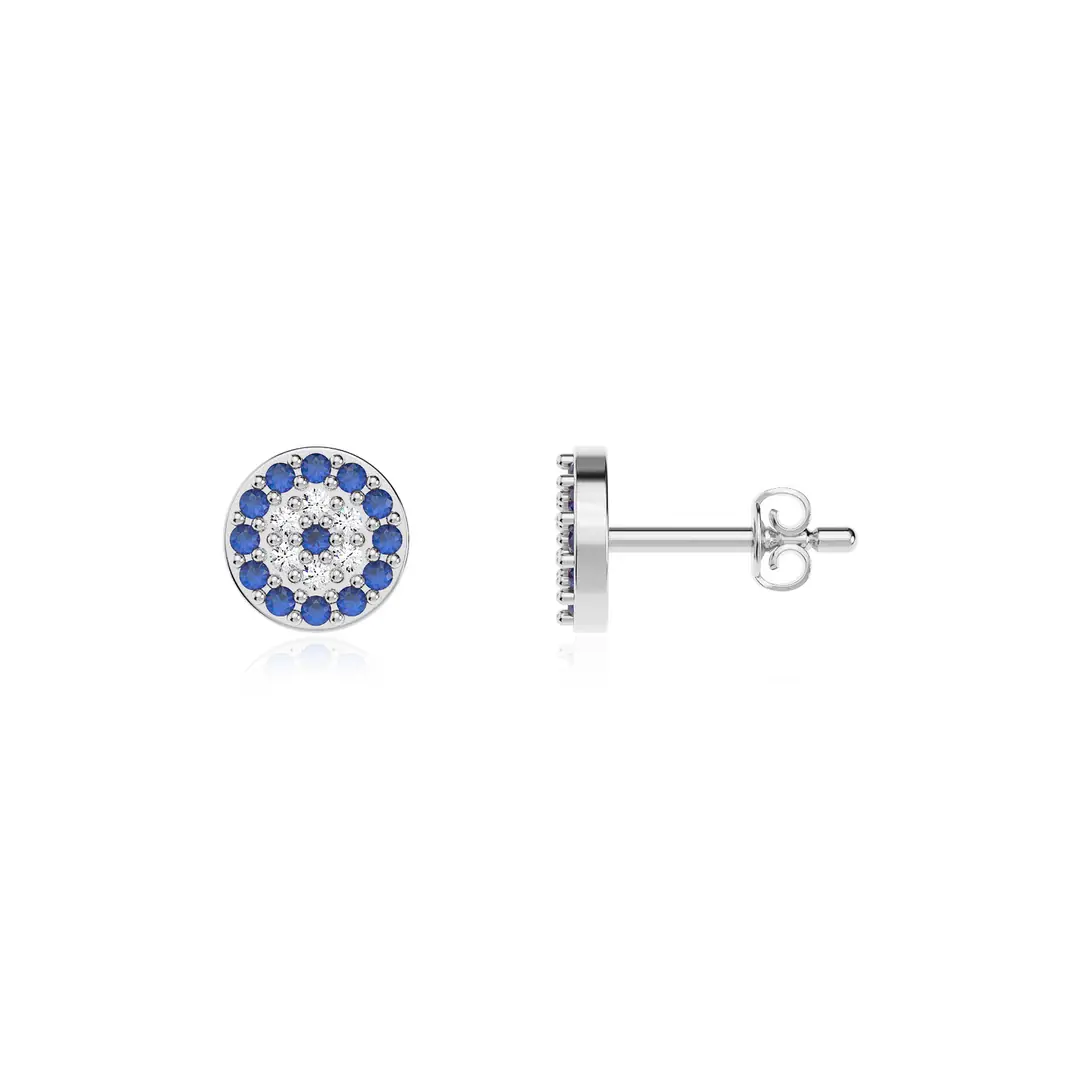 Small Evil Eye Bead Stud White Silver Earrings