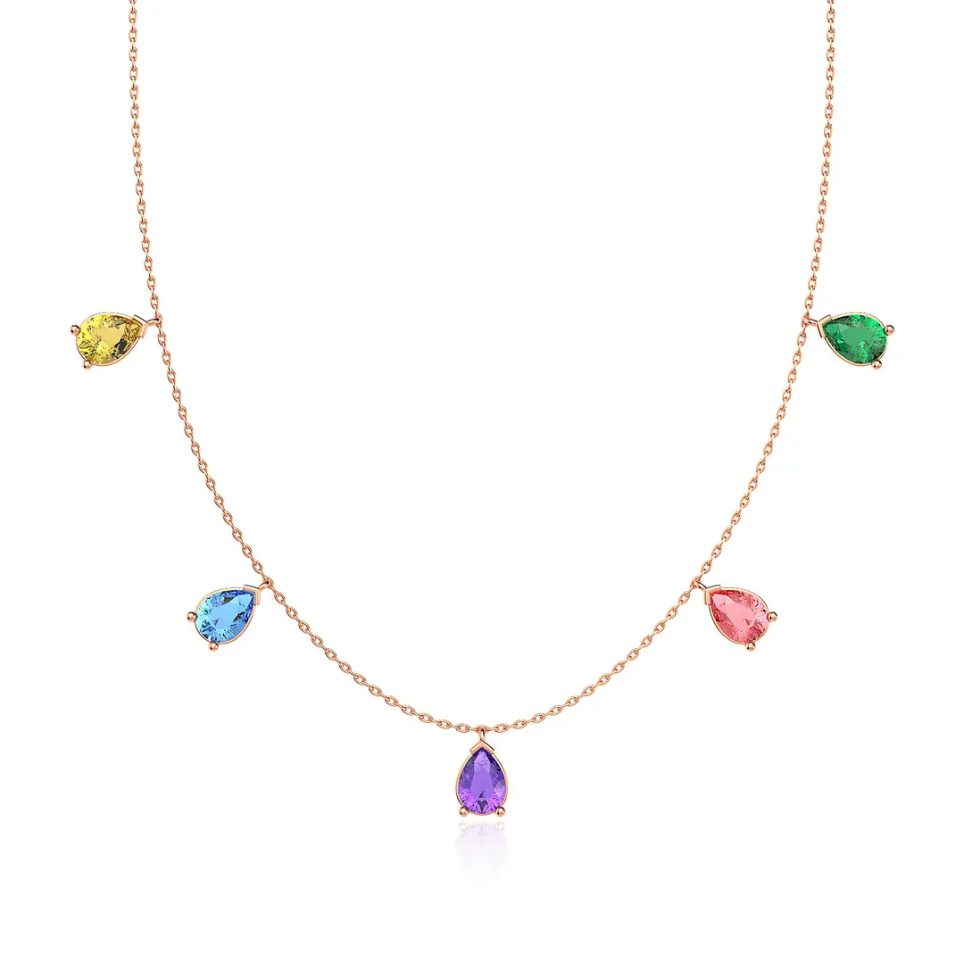 Mixed Colored Drop Stones Rose Silver Necklace