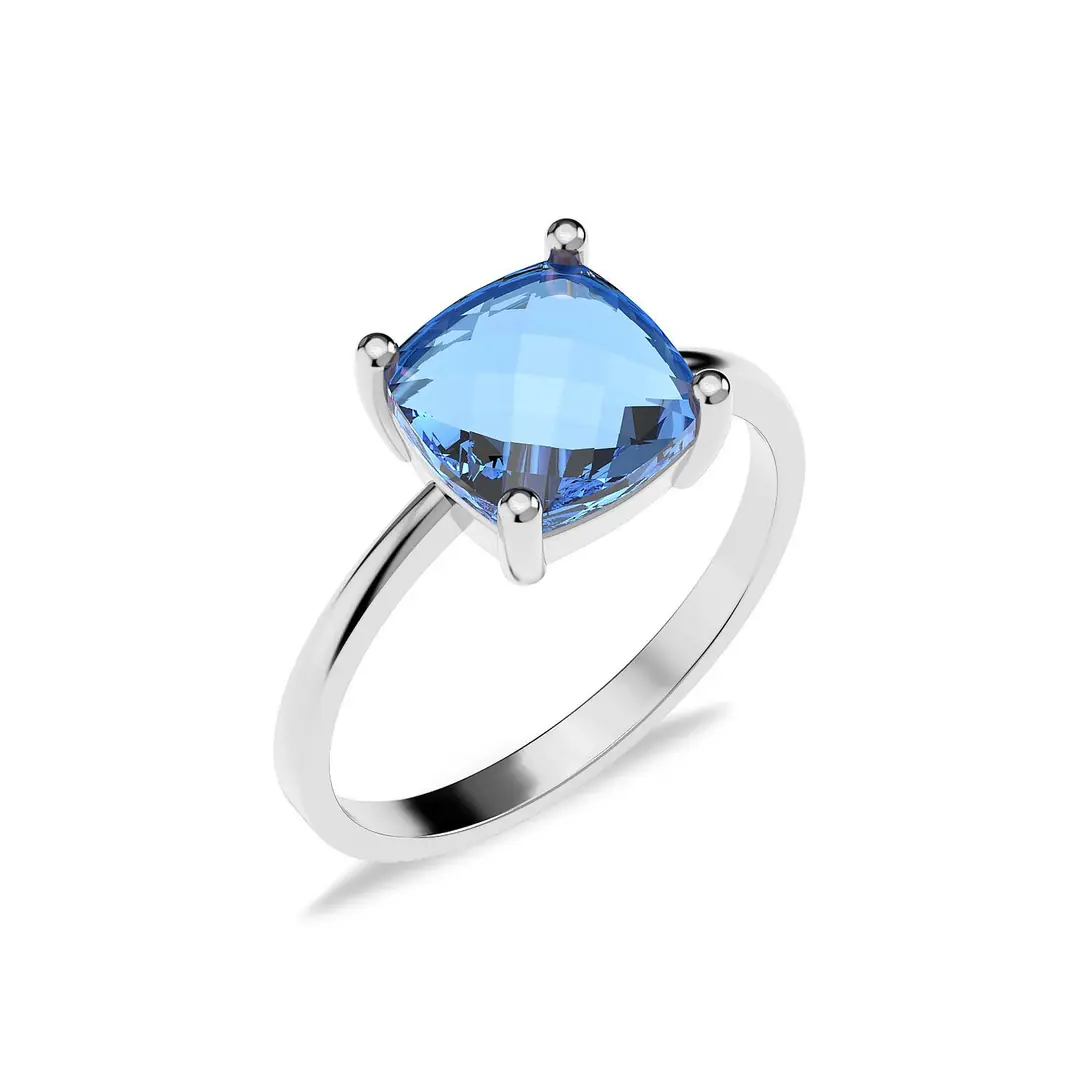Square Aqua Stone-set Solitaire White Silver Ring