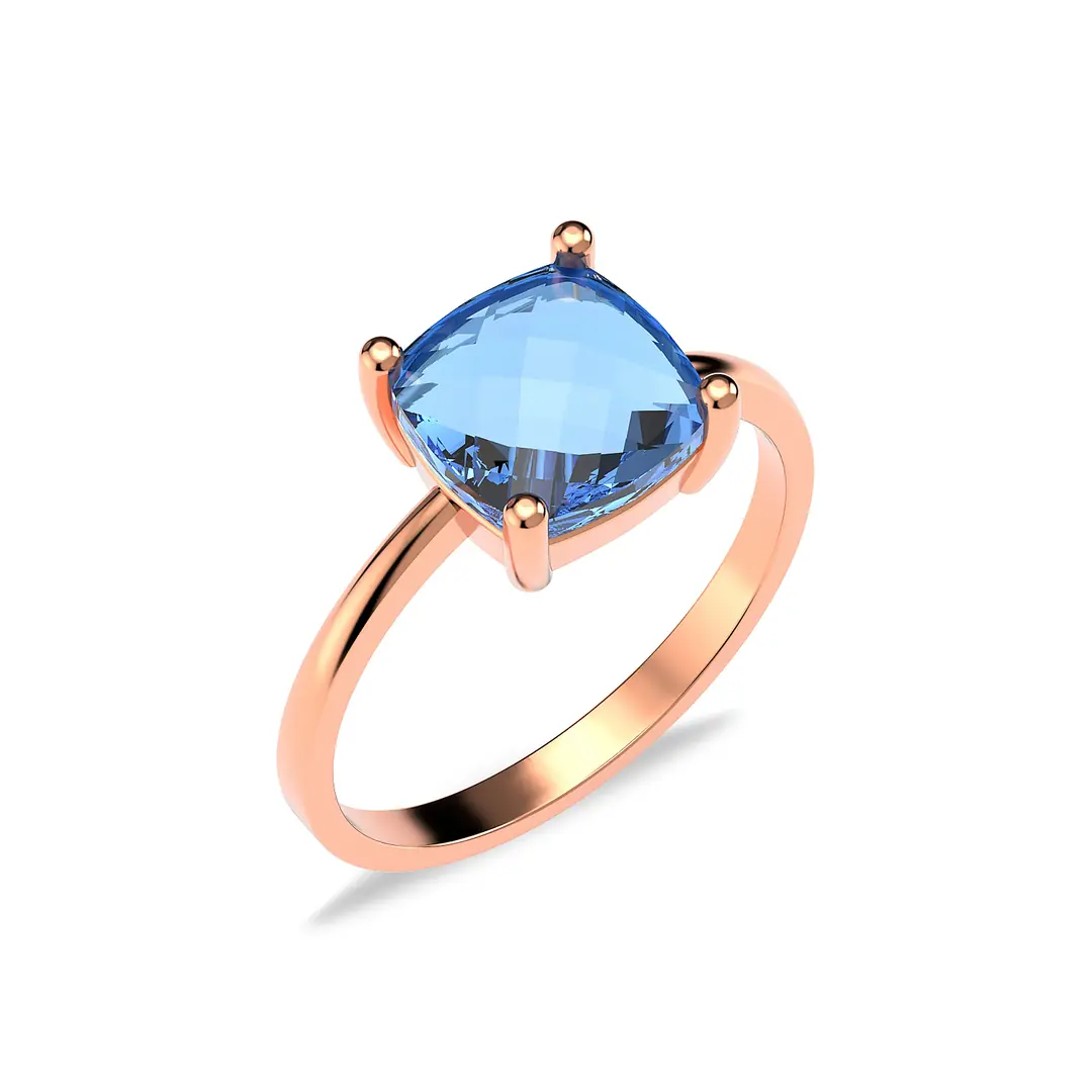 Square Aqua Stone-set Solitaire Rose Silver Ring