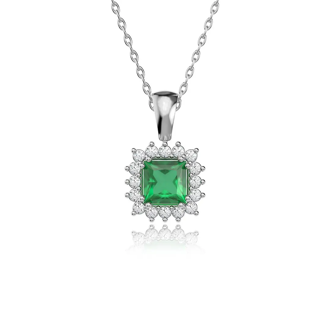 Square Green Stone-set Anturaj White Silver Necklace