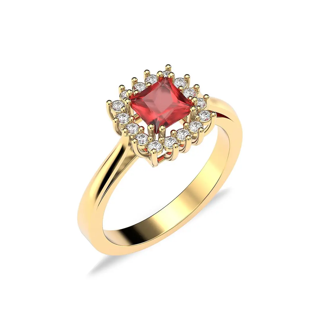 Square Fuşya Stone-set Anturaj Diamond Mount Gold Plated Silver Ring