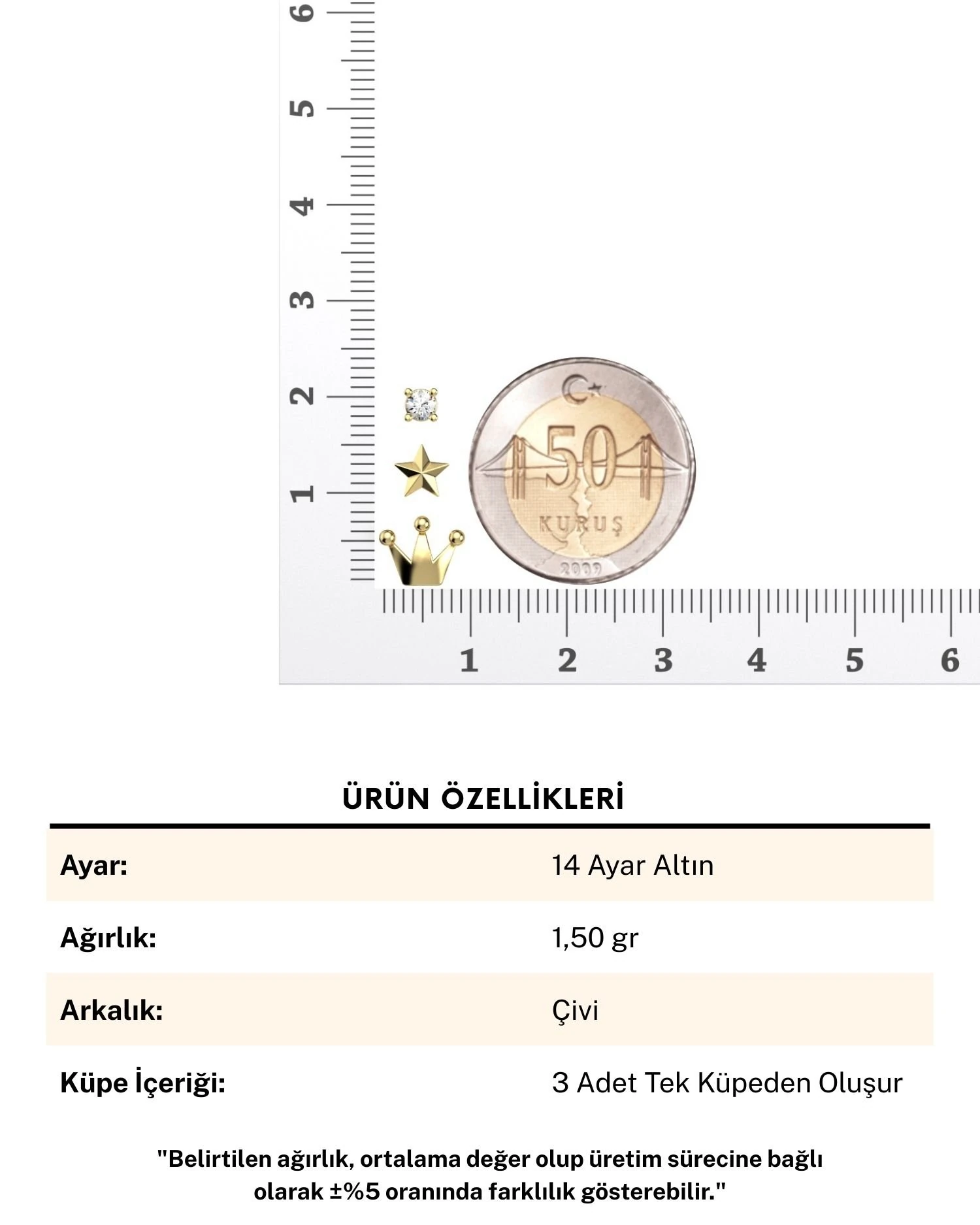 Taç Yıldız Nokta Kombin 14 Ayar Altın Küpe