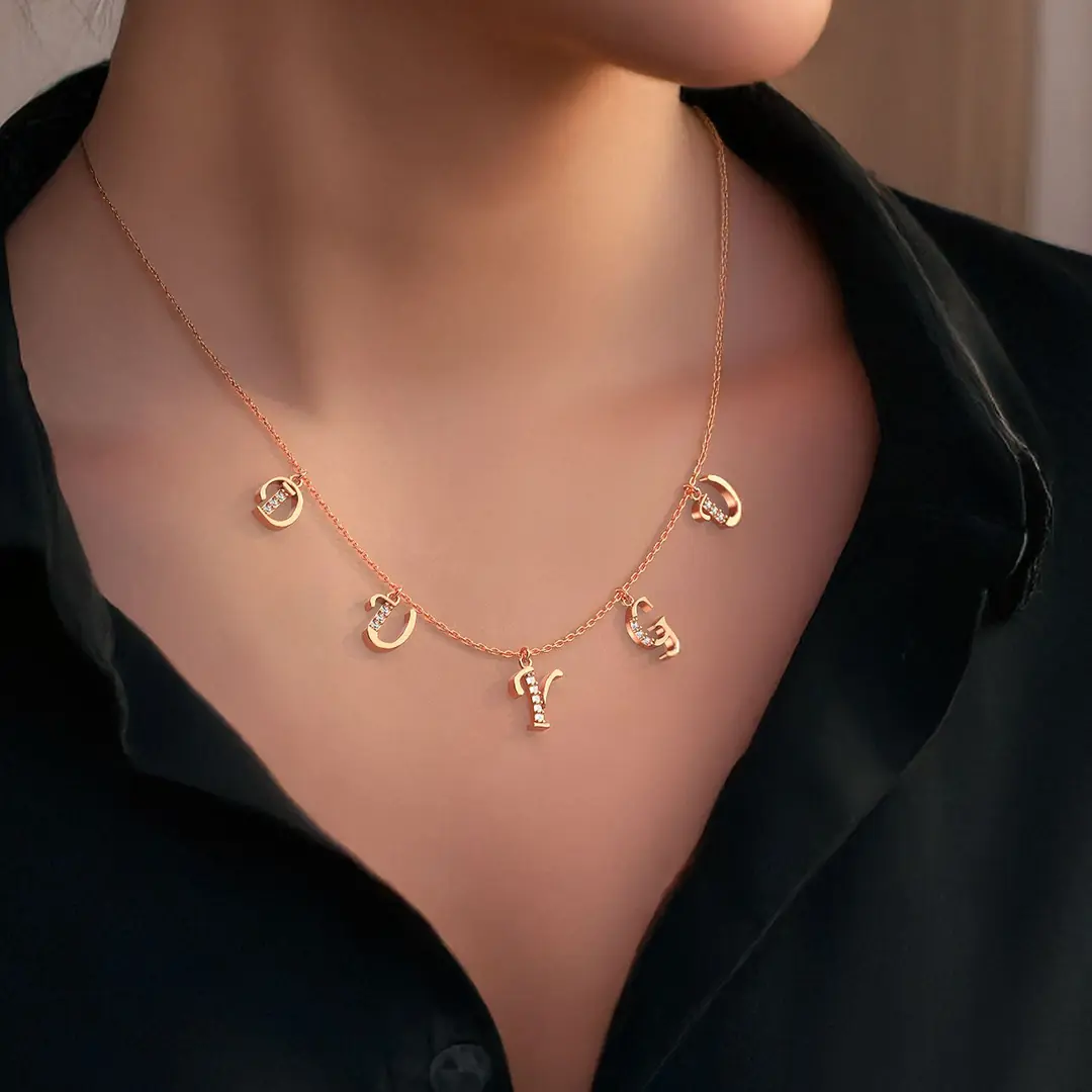Personalized Five Initial Name Rose Silver Necklace