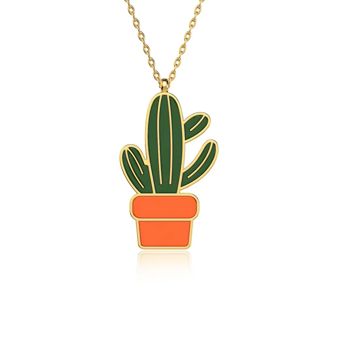 Enamel Kaktüs Gold Plated Silver Necklace