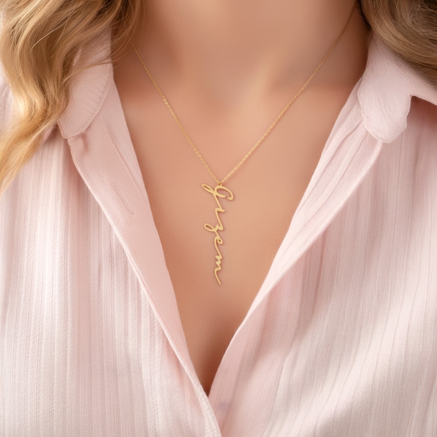 Vertical Signature Name Silver Necklace