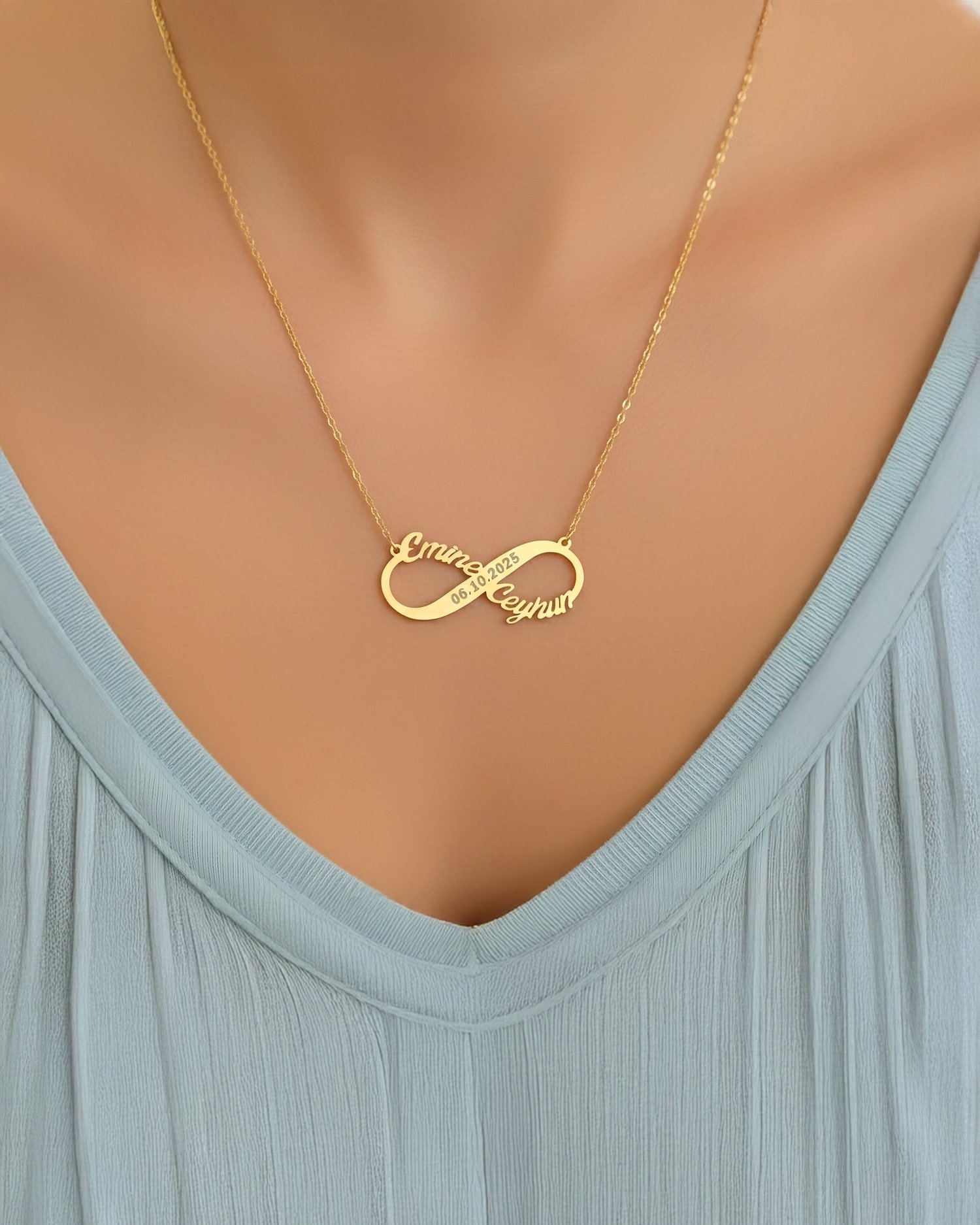 İki İsimli Tarihli Sonsuzluk 14 Ayar Altın Kolye