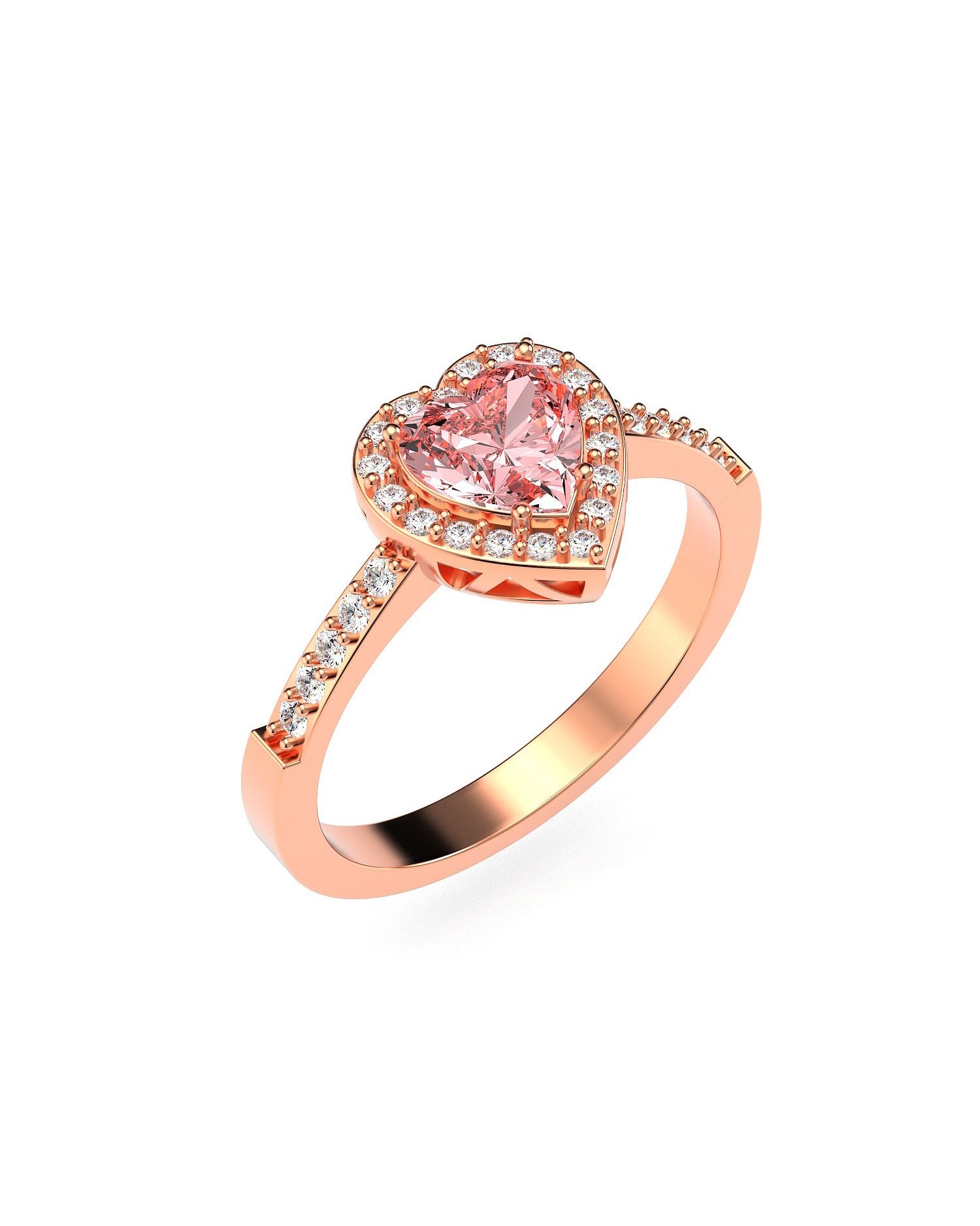 Pembe Kalp Taşlı Pırlanta Görünümlü Rose Gümüş Yüzük