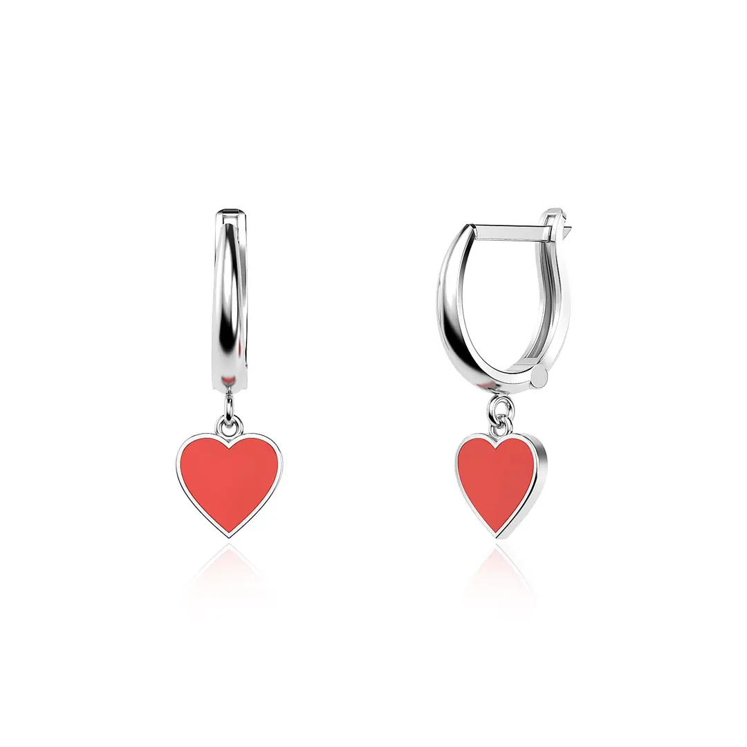 Enamel Heart White Silver Earrings
