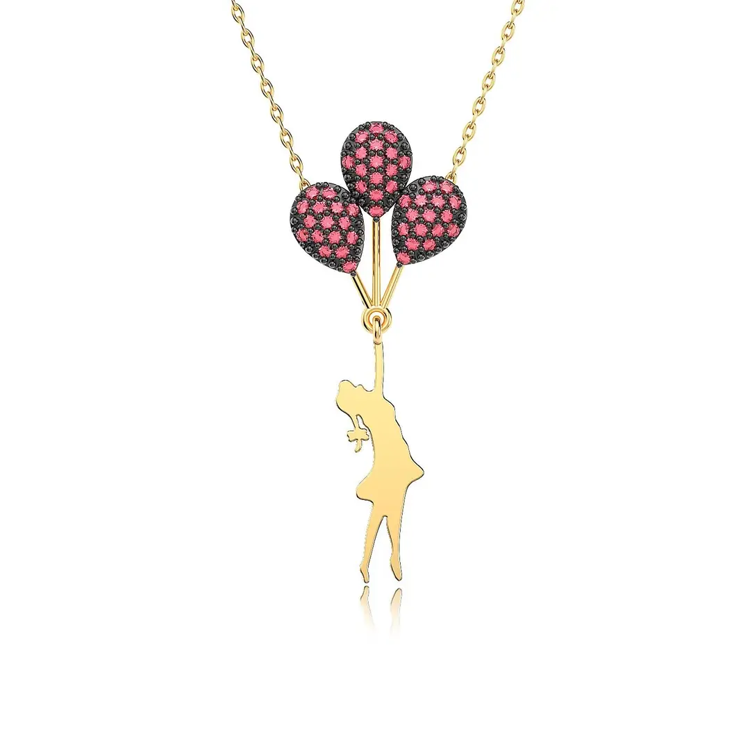 Red Balonlu Kız Gold Plated Silver Necklace