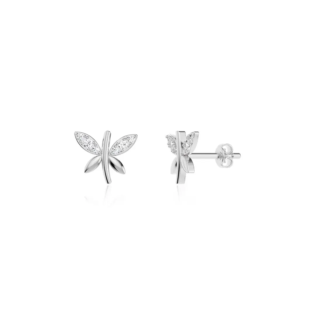 Small Dragonfly White Stud Silver Earrings