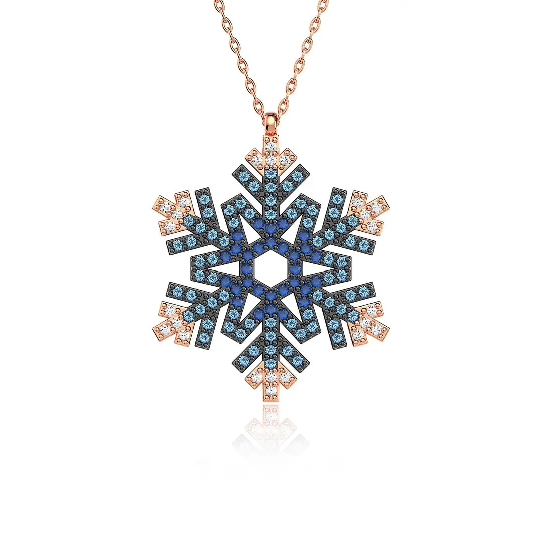 Blue Geçişli Large Snow Flake Rose Silver Necklace