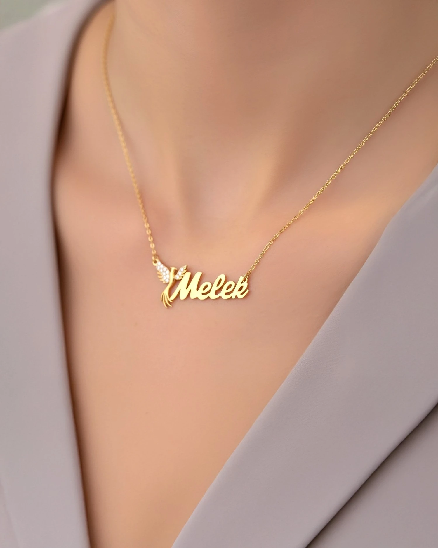 Işıklı Kutuda İsimli Anka Kuşu Altın Kaplama Gümüş Kolye